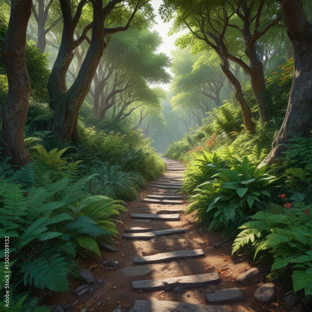 Dense foliage surrounds a tranquil forest pathway, dappled sunlight filtering through trees, tree branches Dense foliage surrounds a tranquil forest pathway, dappled sunlight filtering through trees, tree branches