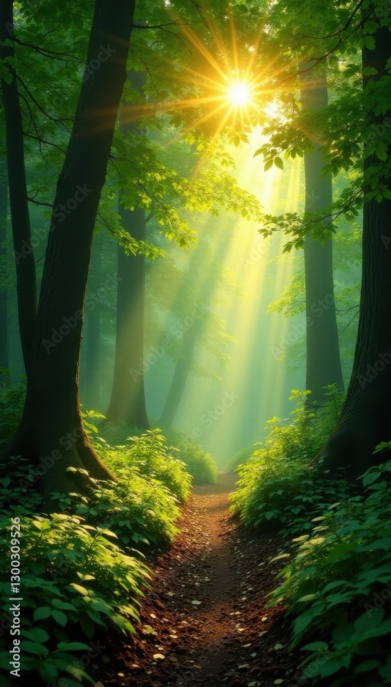 Obraz premium Golden sunlight streams through emerald canopy, dappling forest floor , pine, beams, ecology