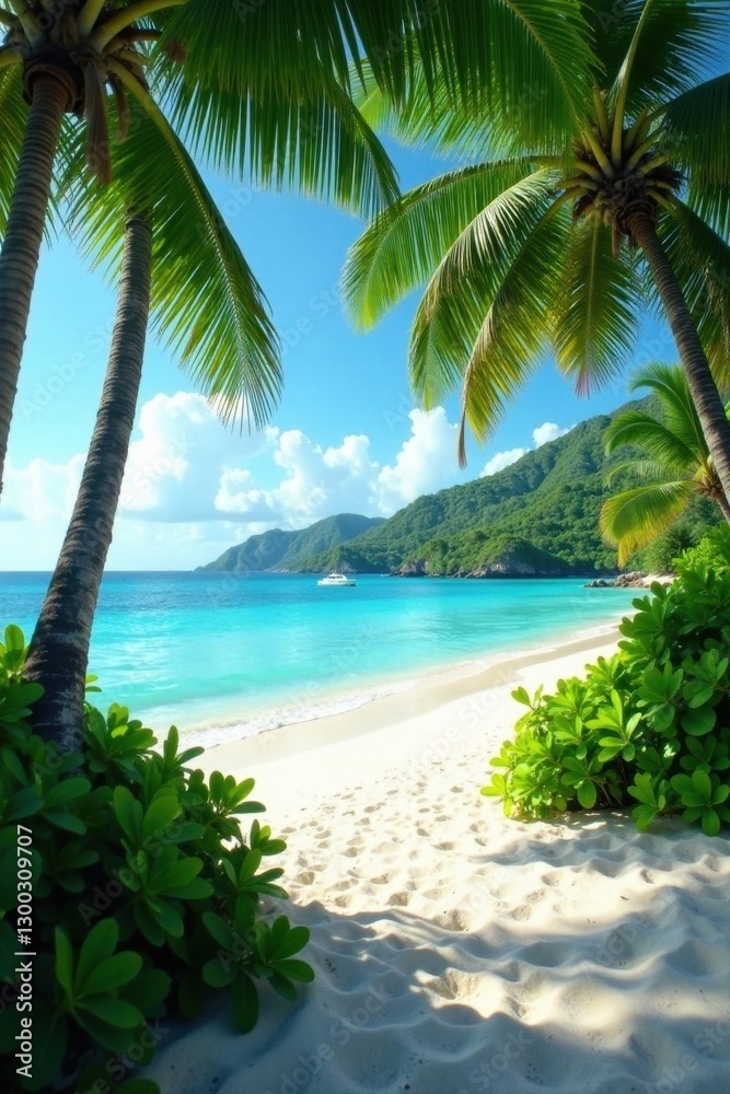 Fototapeta premium Lush vegetation, white sand Coco Island beach , paradise, lush, fauna