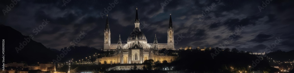 Dimly lit night sky above Basilica di Lourdes, religion, church, lourdes Dimly lit night sky above Basilica di Lourdes, religion, church, lourdes