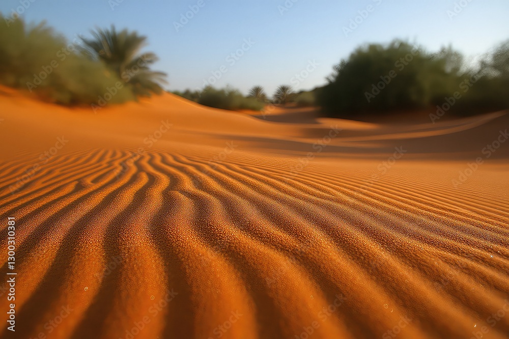 Naklejka premium Serene desert landscape with gentle sand dunes, palm trees in the background under a clear sky