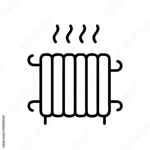 Radiator icon with steam symbols and curved pipes in modern minimalist design for heating
