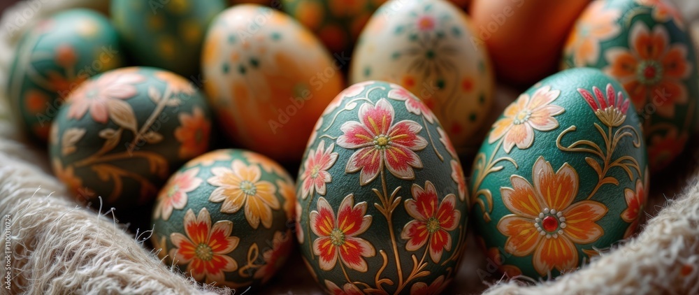 Close-up of intricately decorated Easter eggs with folk art floral patterns in shades of orange, red, pink, and white on green, beige, and brown eggs, arranged on a soft linen background, evoking trad Close-up of intricately decorated Easter eggs with folk art floral patterns in shades of orange, red, pink, and white on green, beige, and brown eggs, arranged on a soft linen background, evoking trad
