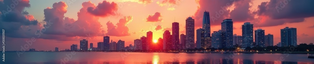 Fototapeta premium Miami skyline sunset, modern skyscrapers reflecting light , twilight, smart city