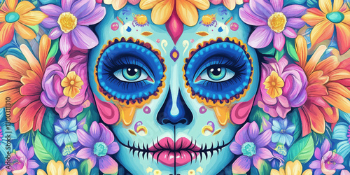 Catrina wearing colorful flower crown for dia de los muertos celebration