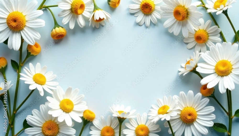 Blank frame, chamomile flowers, overhead shot Spring, summer themed , blossom, yellow, organic Blank frame, chamomile flowers, overhead shot Spring, summer themed , blossom, yellow, organic