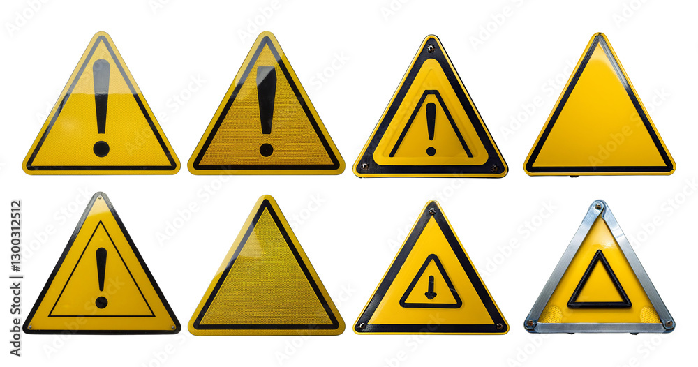 Various Warning Signs with Caution Symbols and Bright Yellow Colors, isolated on transparent background Various Warning Signs with Caution Symbols and Bright Yellow Colors, isolated on transparent background