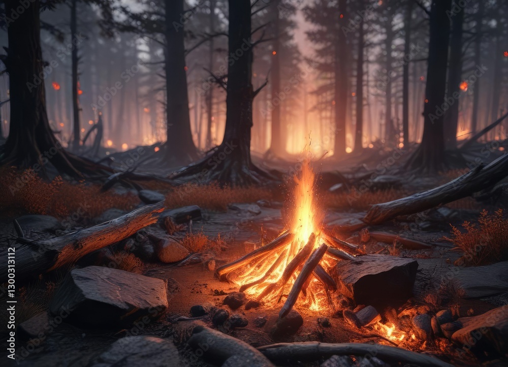 Obraz premium Embers glowing in the darkness of a desolate forest floor, wilderness, nature, night