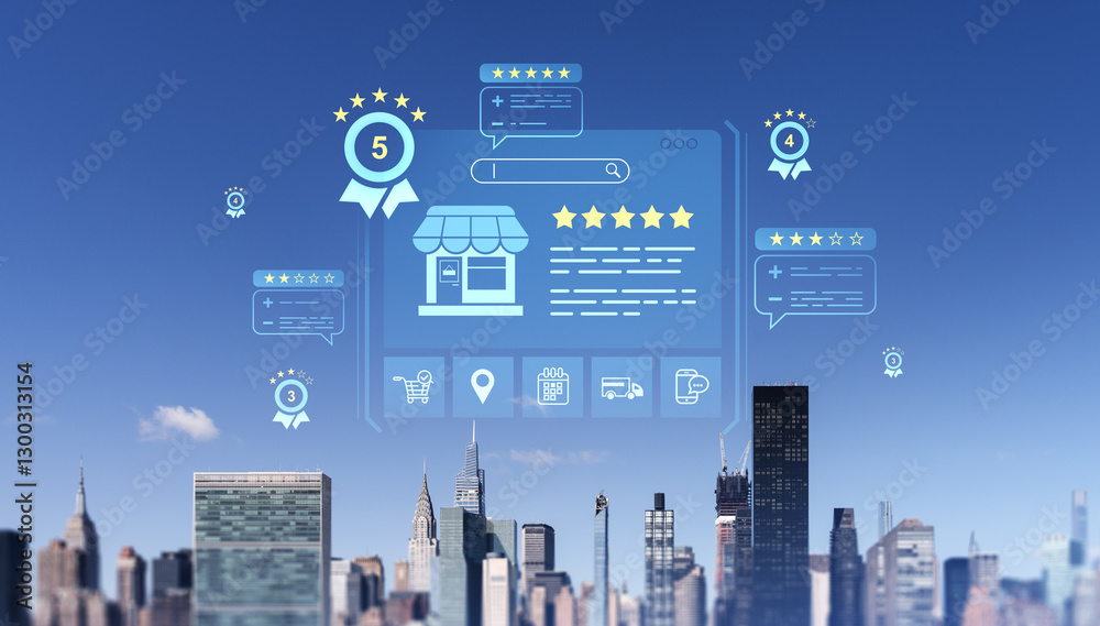 Obraz premium Digital customer feedback and star rating system over city skyline.