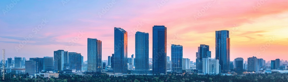 Cityscape at sunset with modern buildings and colorful sky. Urban landscape with skyscrapers and trees.