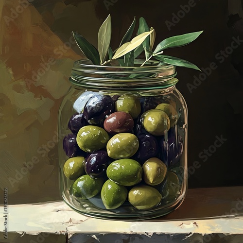 Olive Jar Still Life: A glass jar brimming with an array of green and black olives, accented by fresh olive sprigs, captured in a realistic still life. Displaying the classic food item. 