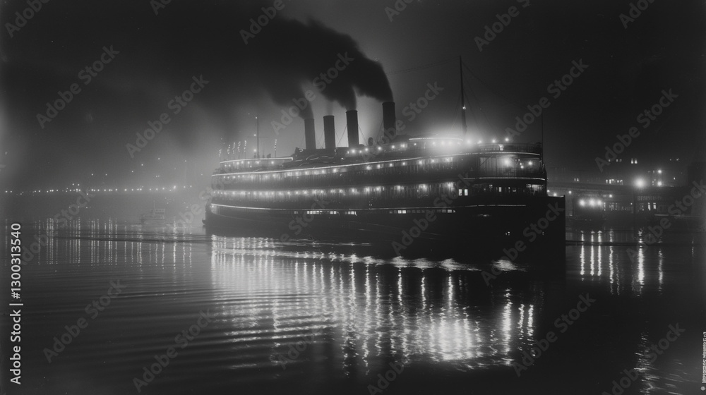 Fototapeta premium A steamboat at night its lights flashing along its_010