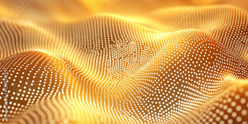 Golden particle waves creating abstract digital landscape background