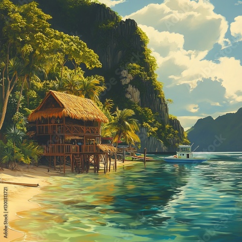 Paradise Coastline: A tranquil scene of a tropical paradise, where a rustic beach hut perches gracefully on the sandy shore, inviting you to unwind. Explore the serene waters and inviting atmosphere