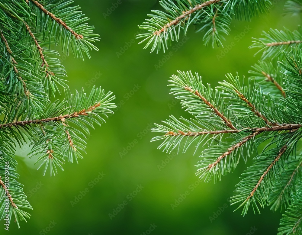 Close-up of evergreen pine tree branches against a blurred green background.