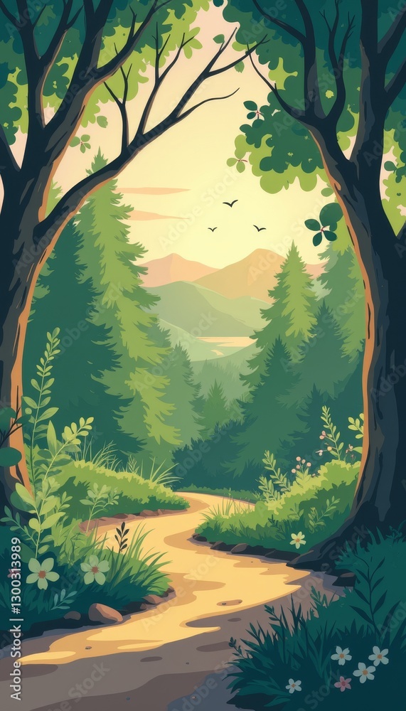 Naklejka premium Serene pathway through lush forest at sunset, nature's tranquility