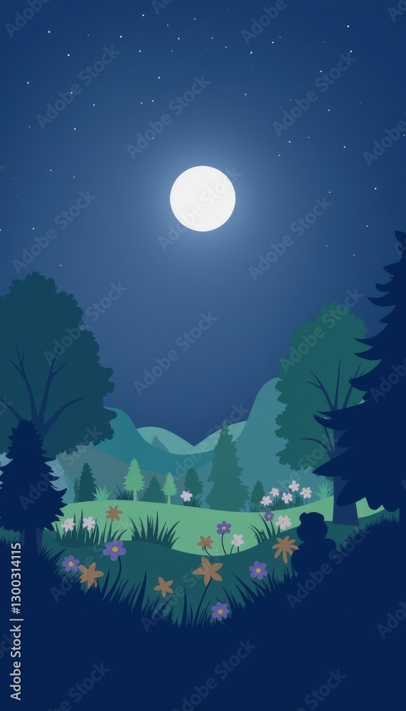 Naklejka premium Moonlit garden landscape with flowers under starry sky, tranquility