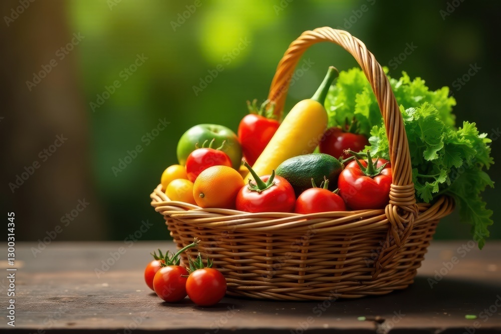 Full basket overflowing with fresh organic produce, eating, farm Full basket overflowing with fresh organic produce, eating, farm
