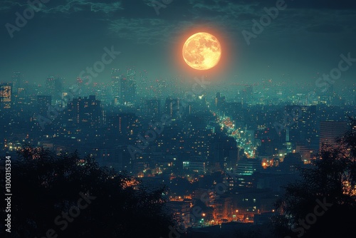 Bright full moon illuminates a bustling city skyline at night filled with lights and towering buildings