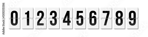 Flip countdown numbers set. Grey flipboard display with numbers from 0 to 9 isolated on white background. Vector illustration in design of old-fashioned analog scoreboard or airport departure board.