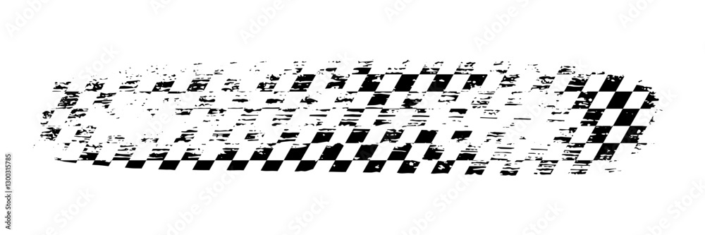 Grunge racing flag pattern with a distressed texture in black and white. Tire track with diagonal checkered design for motorsport themes, banners, graphics overlays. Abstract vector illustration.