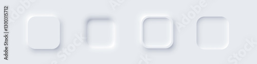 White square web buttons. Soft glowing circular UI elements in modern neomorphism style. Abstract 3D buttons with subtle shadows and light effects. Minimalist vectors for apps, digital interfaces.