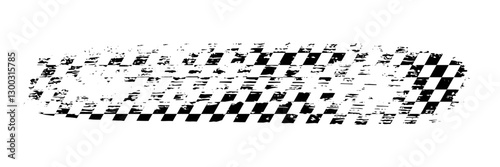 Grunge racing flag pattern with a distressed texture in black and white. Tire track with diagonal checkered design for motorsport themes, banners, graphics overlays. Abstract vector illustration.