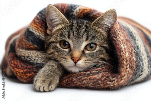 Cozy tabby cat snuggled in a colorful knit blanket during a peaceful indoor setting