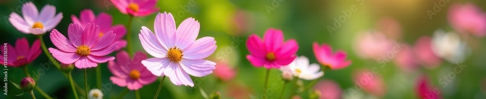Pink and white cosmos flowers in a lush garden setting , bloom, close-up, image Pink and white cosmos flowers in a lush garden setting , bloom, close-up, image