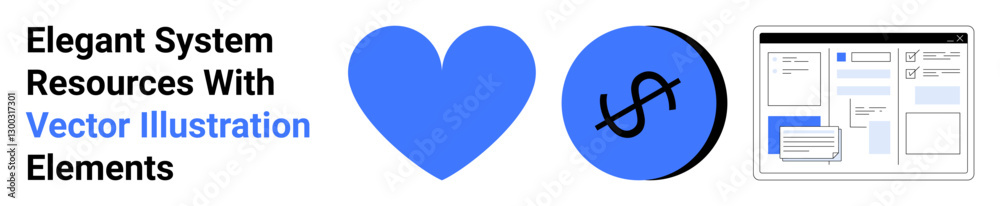 Blue heart, money symbol in a circle, and wireframe layout for creative design, financial platforms, UIUX planning, branding ideas, development mockups, product presentation, flat landing page banner Blue heart, money symbol in a circle, and wireframe layout for creative design, financial platforms, UIUX planning, branding ideas, development mockups, product presentation, flat landing page banner