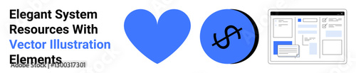 Blue heart, money symbol in a circle, and wireframe layout for creative design, financial platforms, UIUX planning, branding ideas, development mockups, product presentation, flat landing page banner