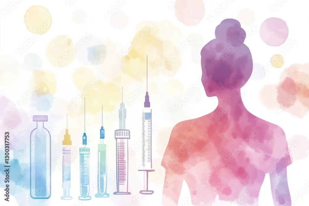 Fototapeta premium Abstract illustration of a woman silhouette with various syringes and a vial on a colorful watercolor background, symbolizing health, medicine, and healthcare concepts.