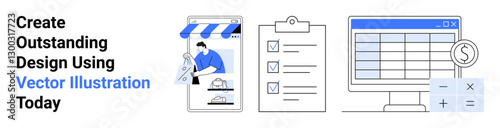 Man arranging online store products, checklist clipboard for tasks, spreadsheet for finances. Ideal for e-commerce, productivity, planning, business analytics, budgeting, digital workflow flat