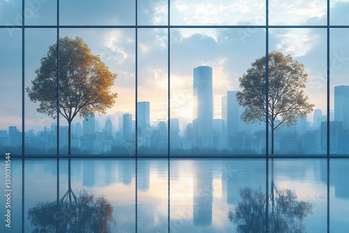 Urban skyline with reflections and trees against a sunrise in a modern glass building