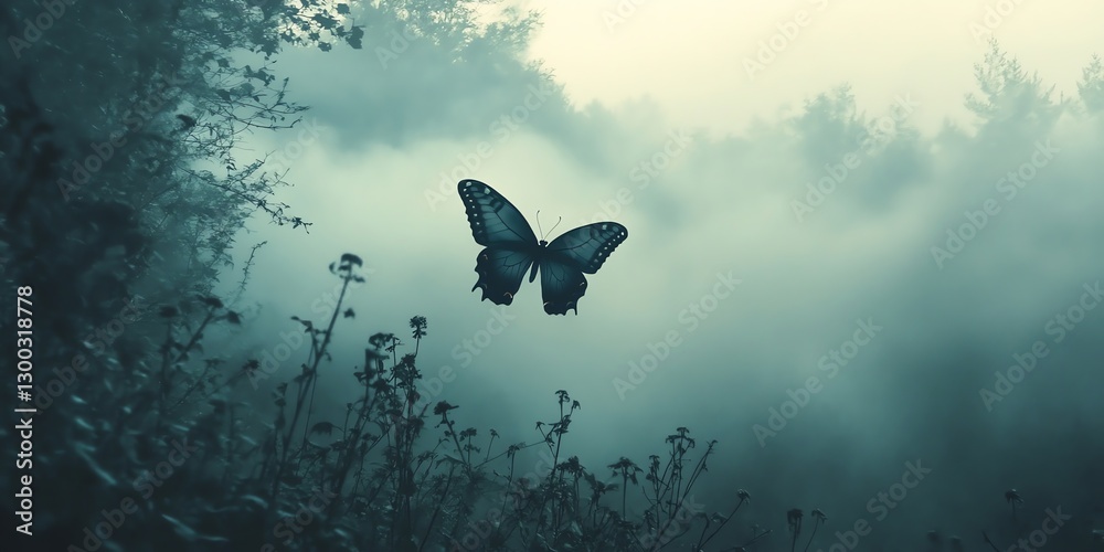 Fototapeta premium Butterfly Flying Through Foggy Forest Landscape with Atmospheric Light