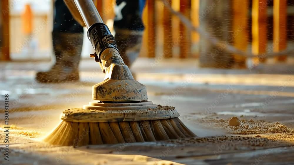 Worker sweeps dust and debris at a sunny construction site.