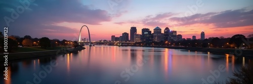St Louis skyline, blurred river, depth of field, landscape, buildings photo