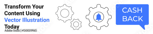 Minimalist gear icons with bell notification and cashback speech bubble emphasize automation, notifications, productivity, and customer rewards. Ideal for tech support, promotions, business tools
