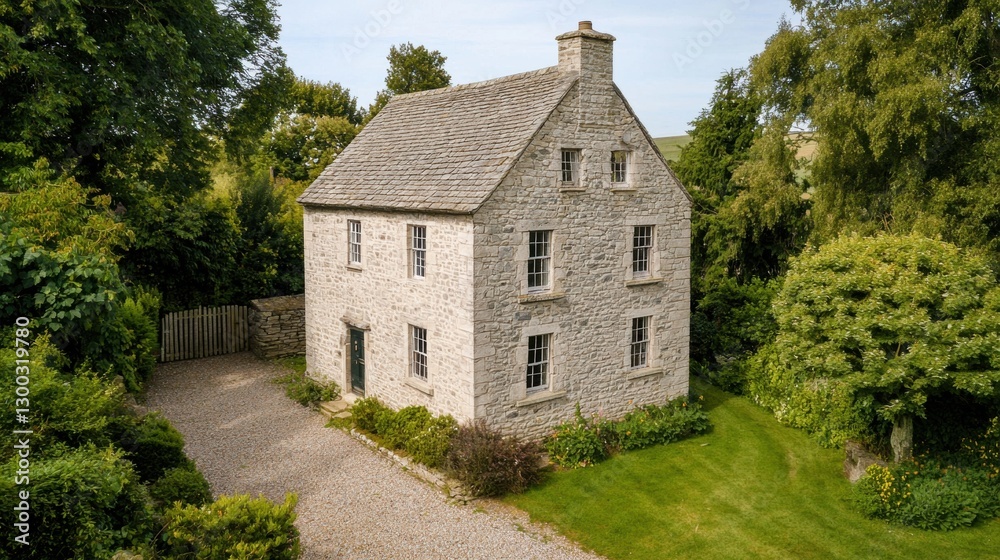 Exterior of a beautiful stone house with a gravel driveway and green lawn surrounded by trees. Exterior of a beautiful stone house with a gravel driveway and green lawn surrounded by trees.
