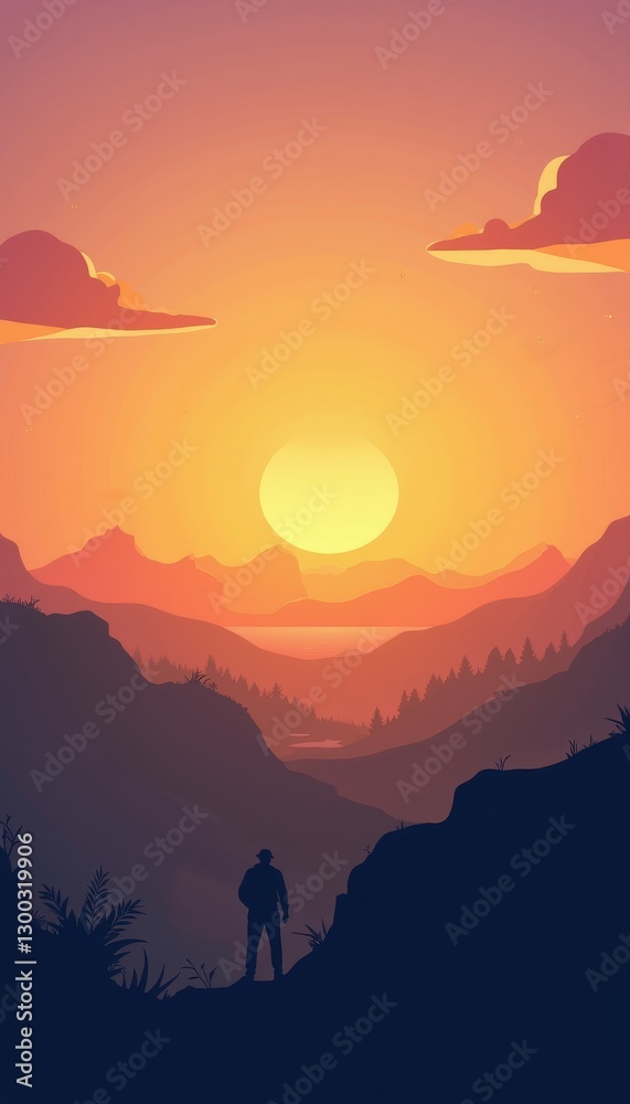Fototapeta premium Serene sunset over mountains with golden rays, peaceful nature
