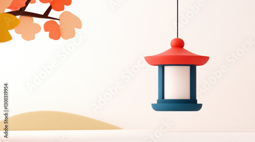 Minimalist Japanese Lantern with Autumn Leaves