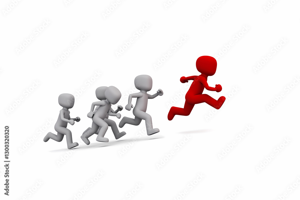 3D Illustration of a Red Figure Leading a Group of Grey Figures in a Race 3D Illustration of a Red Figure Leading a Group of Grey Figures in a Race