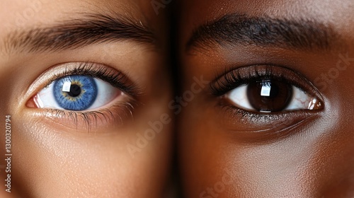 Close-Up of Two Diverse Eyes with Contrasting Eye Colors and Skin Tones, Fighting Racists, Different Races, Different Skin Colors
