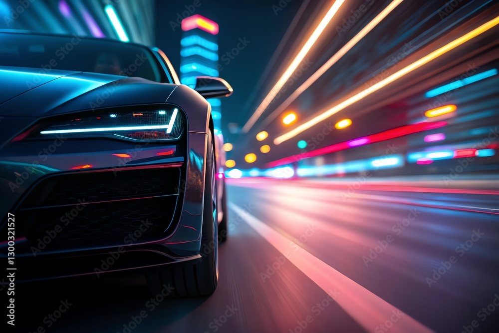 Fototapeta premium Futuristic car speeding down a neon-lit city street at night with motion blur.