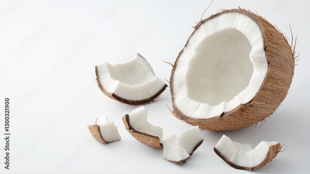 Sliced brown coconut on white background, showcasing fresh tropical fruit texture. Sliced brown coconut on white background, showcasing fresh tropical fruit texture.