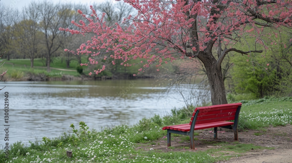 Obraz premium Tranquil park view with lush pink cherry blossoms and a solitary red bench underneath