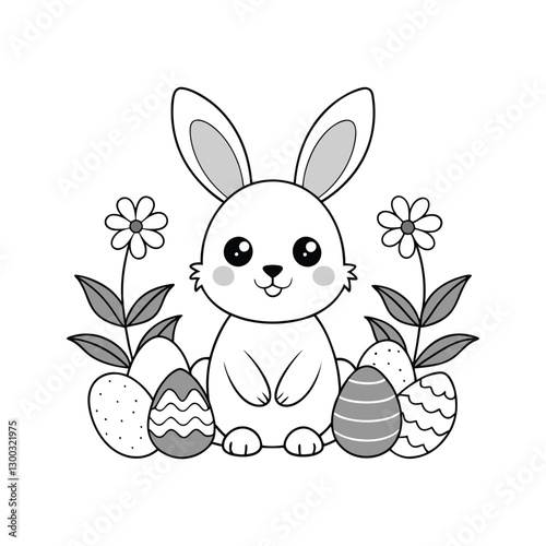 Cute Easter Bunny Coloring Page with Eggs and Flowers - Vector Illustration

