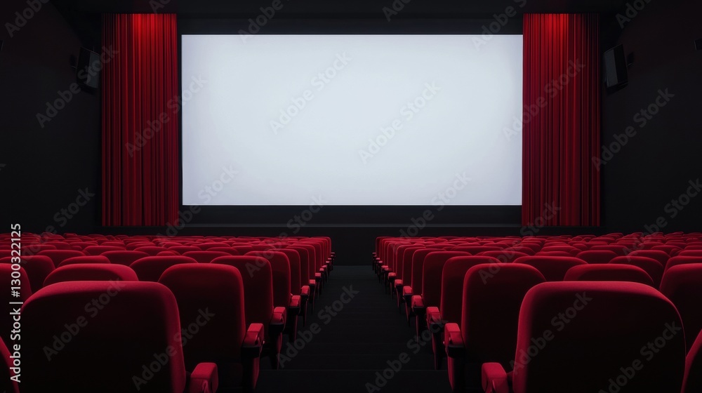 Empty movie theater with red seats and a blank screen. Concept of entertainment, cinema, and film. Empty movie theater with red seats and a blank screen. Concept of entertainment, cinema, and film.