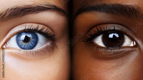 Close-Up of Two Diverse Eyes with Contrasting Eye Colors and Skin Tones, Fighting Racists, Different Races, Different Skin Colors

