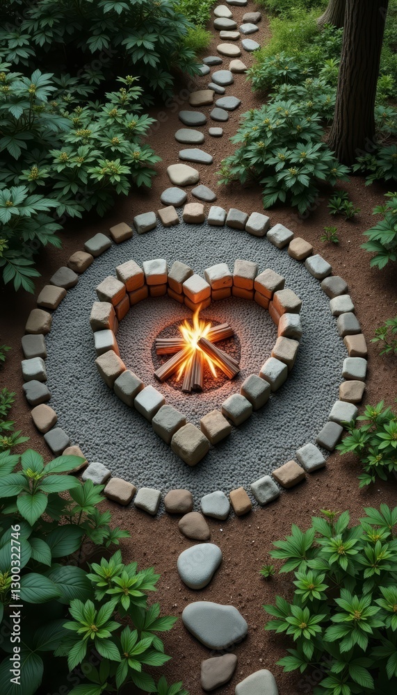 Fototapeta premium Heart-shaped fireplace in tranquil forest glade, symbol of peace